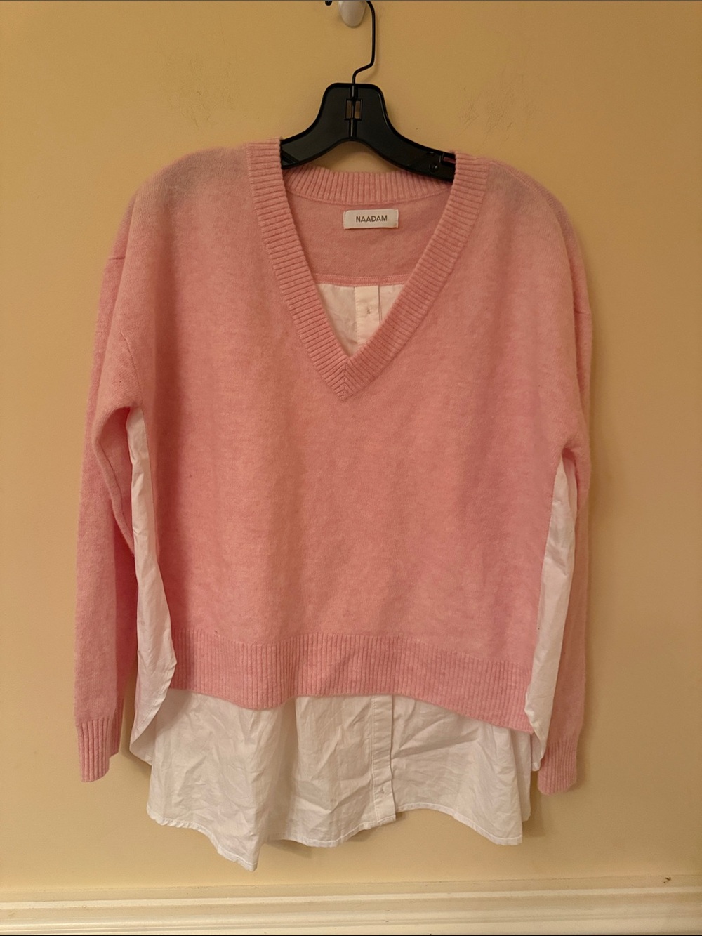 NAADAM Blush Pink V-Neck 100% Cashmere & 100% Cotton Layered Sweater Size Medium